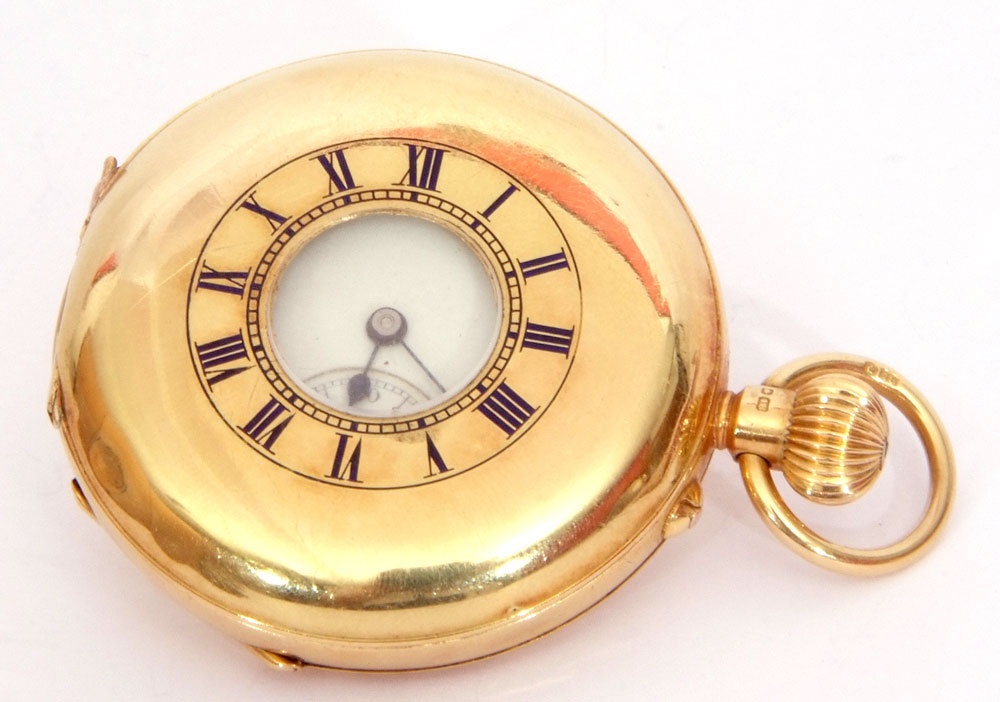 First quarter of 20th century hallmarked 18ct gold cased half hunter fob watch with button wind, - Image 3 of 4