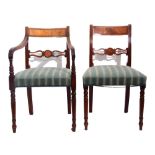 Set of eight late Regency inlaid mahogany dining chairs, blue striped material covered seats, 6