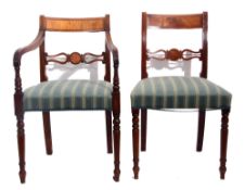 Set of eight late Regency inlaid mahogany dining chairs, blue striped material covered seats, 6