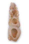 Chinese jade double gourd brush washer, the top carved with a monkey with further monkey carved into