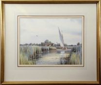 •AR Colin W Burns (Born 1944), 'Going About - Hickling (Whiteslea Lodge), watercolour, lower left