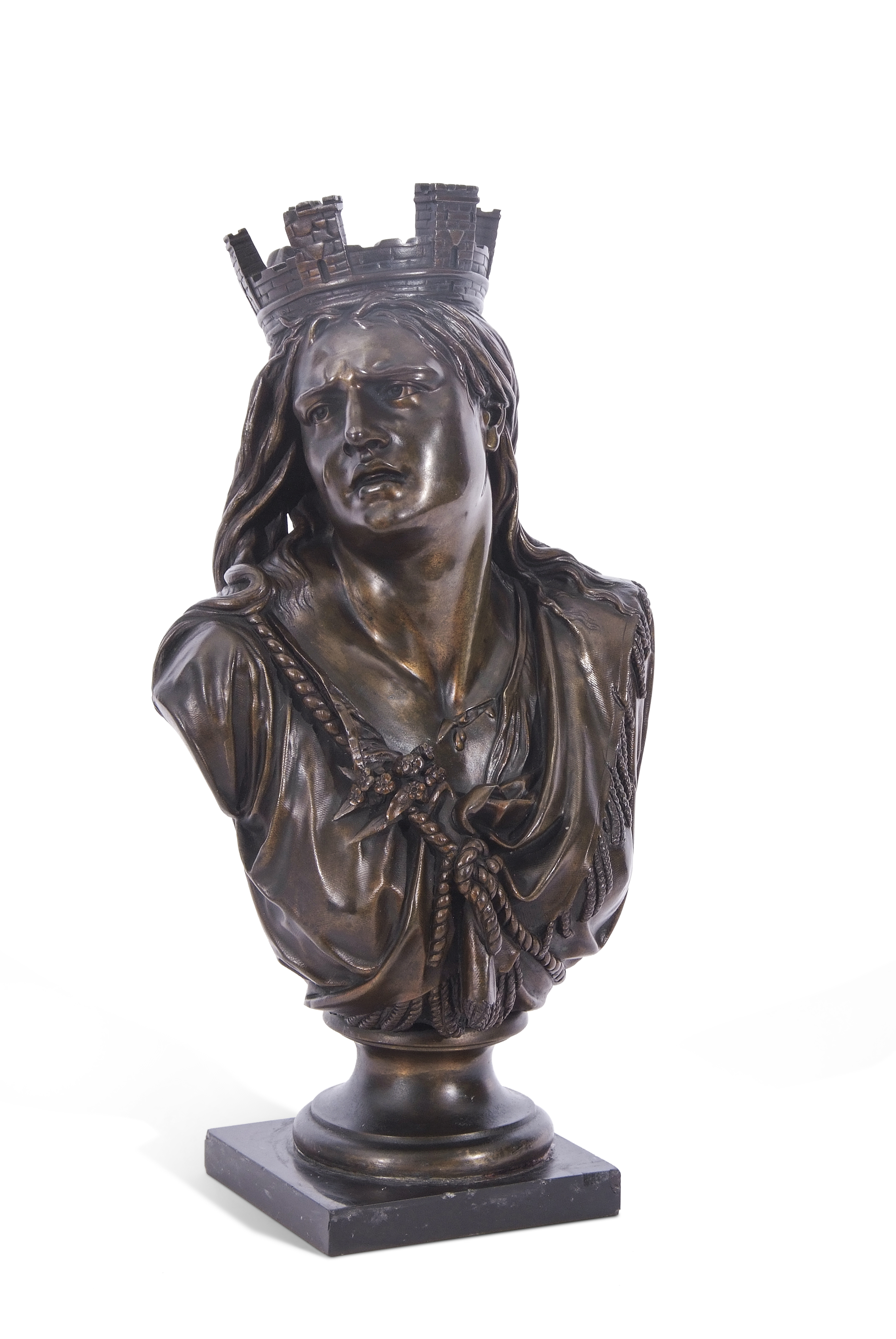 Bronze half-length sculpture depicting the Iceni warrior Queen Boudicca, crowned with a ruined