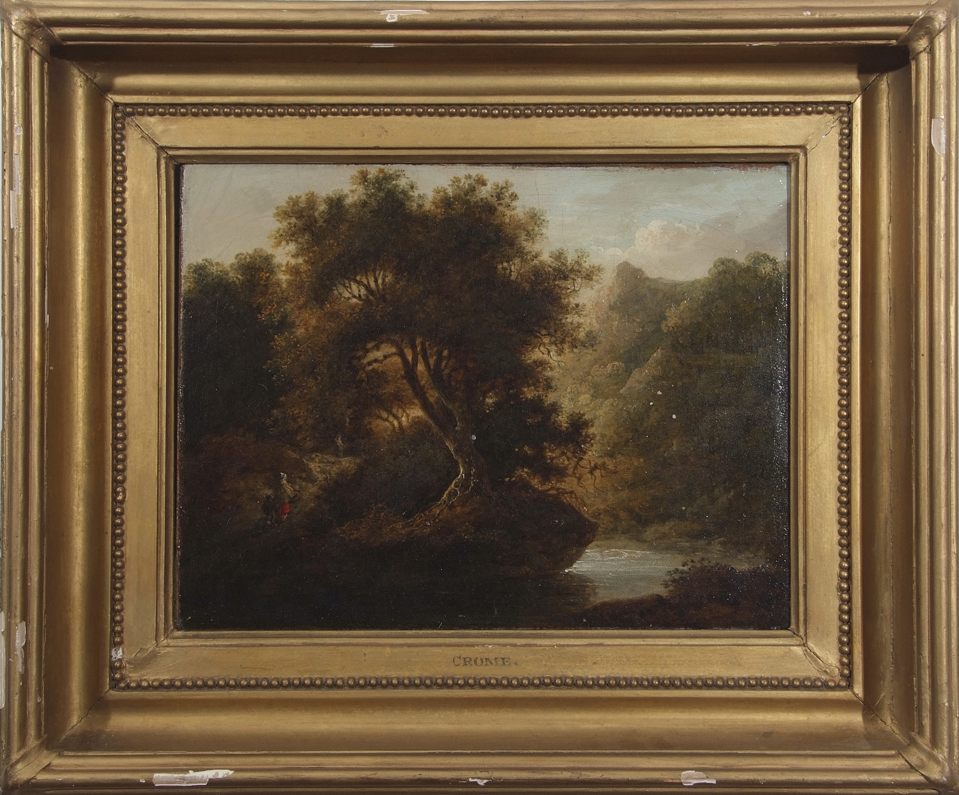 Attributed to John Crome (1768-1821), Mountain river landscape with mother and child, oil on canvas,