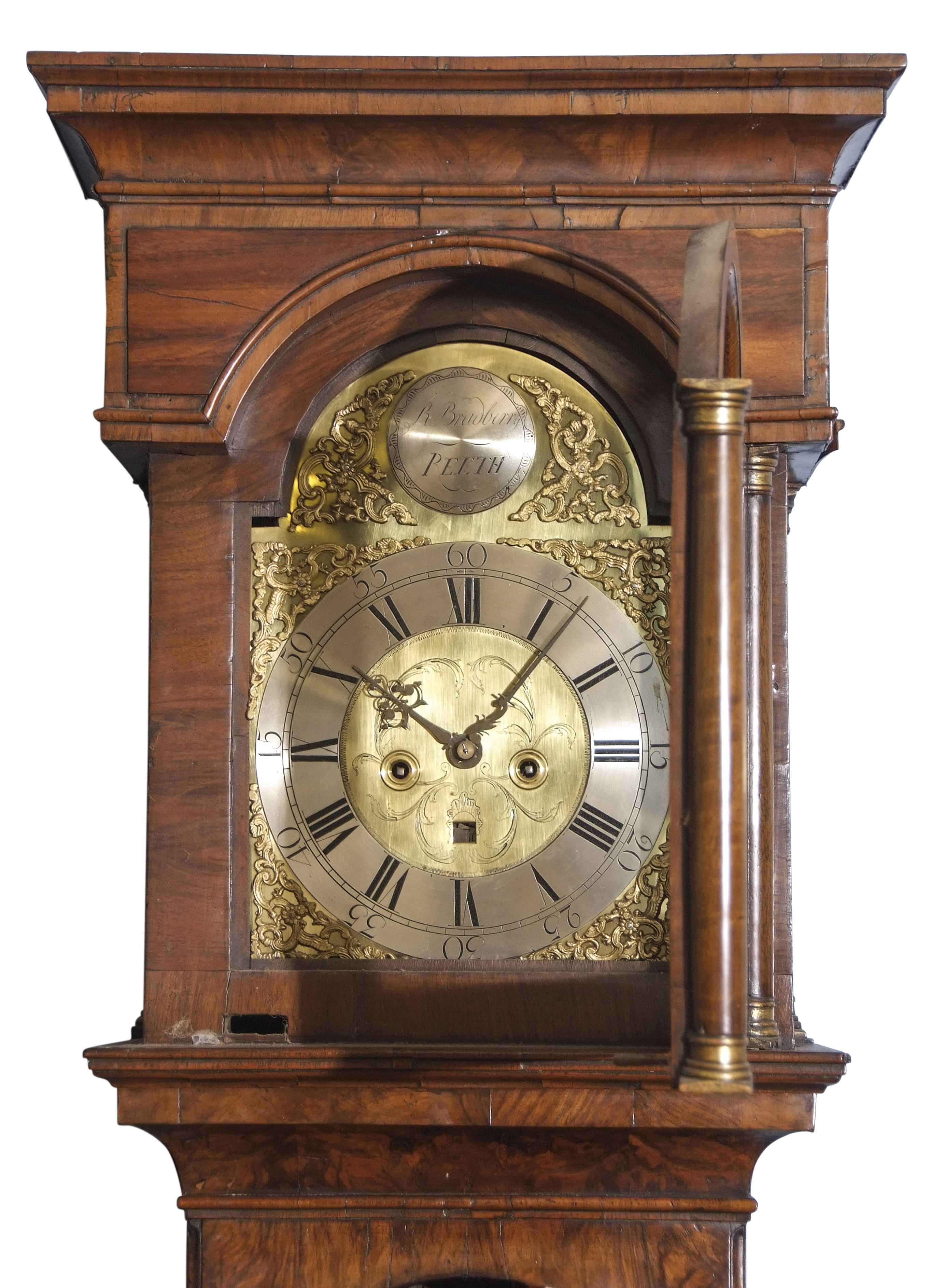 Walnut longcase clock, R Bradberry of Reeth, ogee moulded hood over an arched dial, silvered name - Image 2 of 2