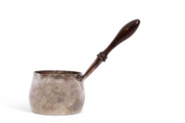 George III silver brandy warming pan, typically round bellied form with side spout, tubular