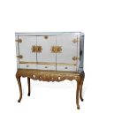 Mid-century plate glass mounted decorative cocktail sideboard, the upper section with two