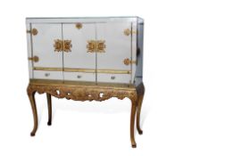 Mid-century plate glass mounted decorative cocktail sideboard, the upper section with two