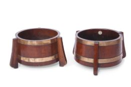 Pair of Mahogany small planters applied with label "R A Lister & Co, Dursley, England", copper