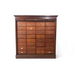 Early 20th century stained oak office cabinet with tambour shutter front, fitted with 32 internal