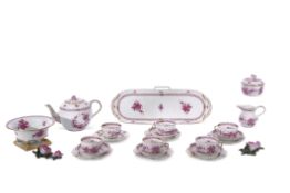 Herend tea set decorated in Meissen style in puce camieau with pattern number 1726, the decoration