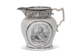 Rare early 19th century pearlware silver lustre jug decorated with a portrait of Nelson at