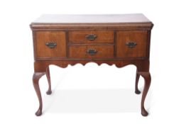 18th century style oak and walnut side table, moulded edge with canted front corners and inset