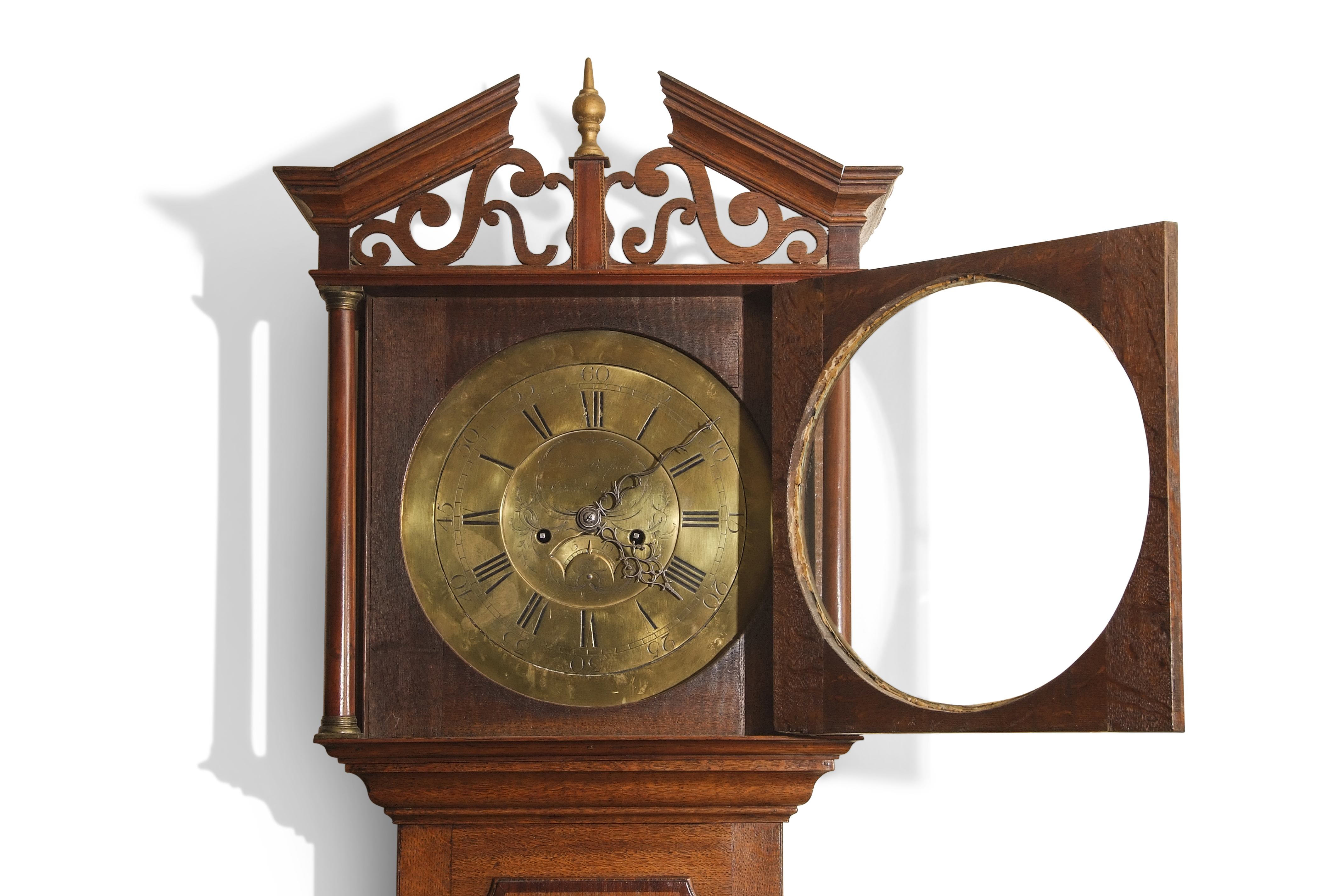 Early 19th century oak cased longcase clock, Richd Boyfield of Gt Dalby, broken arch and C-scroll