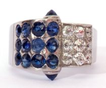 Retro sapphire and diamond cocktail ring, the boldly sculptured ring set with three rows of old