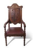 Early 20th century Nelsonian carved oak armchair, the cresting rail with inscription "England