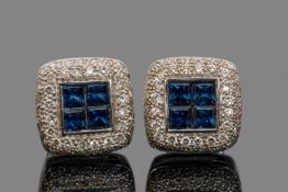 Pair of sapphire and diamond square cluster earrings, the centres with four calibre cut sapphires