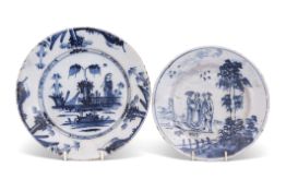 Two 18th century English Delft plates, one with figures in a landscape and a further example with