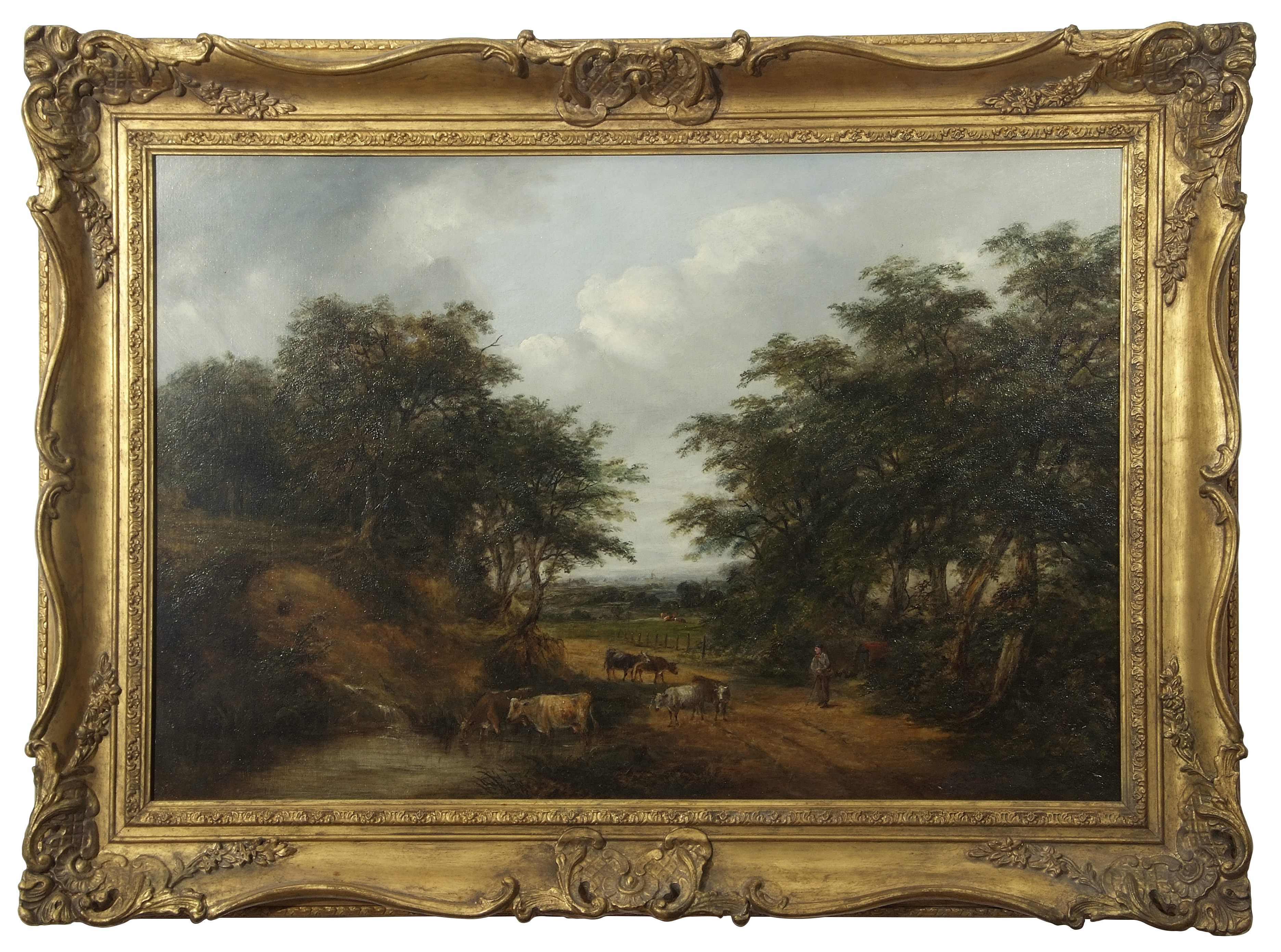 Robert Burrows (1810-1883), Country Landscape with Herder and Cattle in a Lane, oil on canvas,