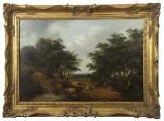 Robert Burrows (1810-1883), Country Landscape with Herder and Cattle in a Lane, oil on canvas,