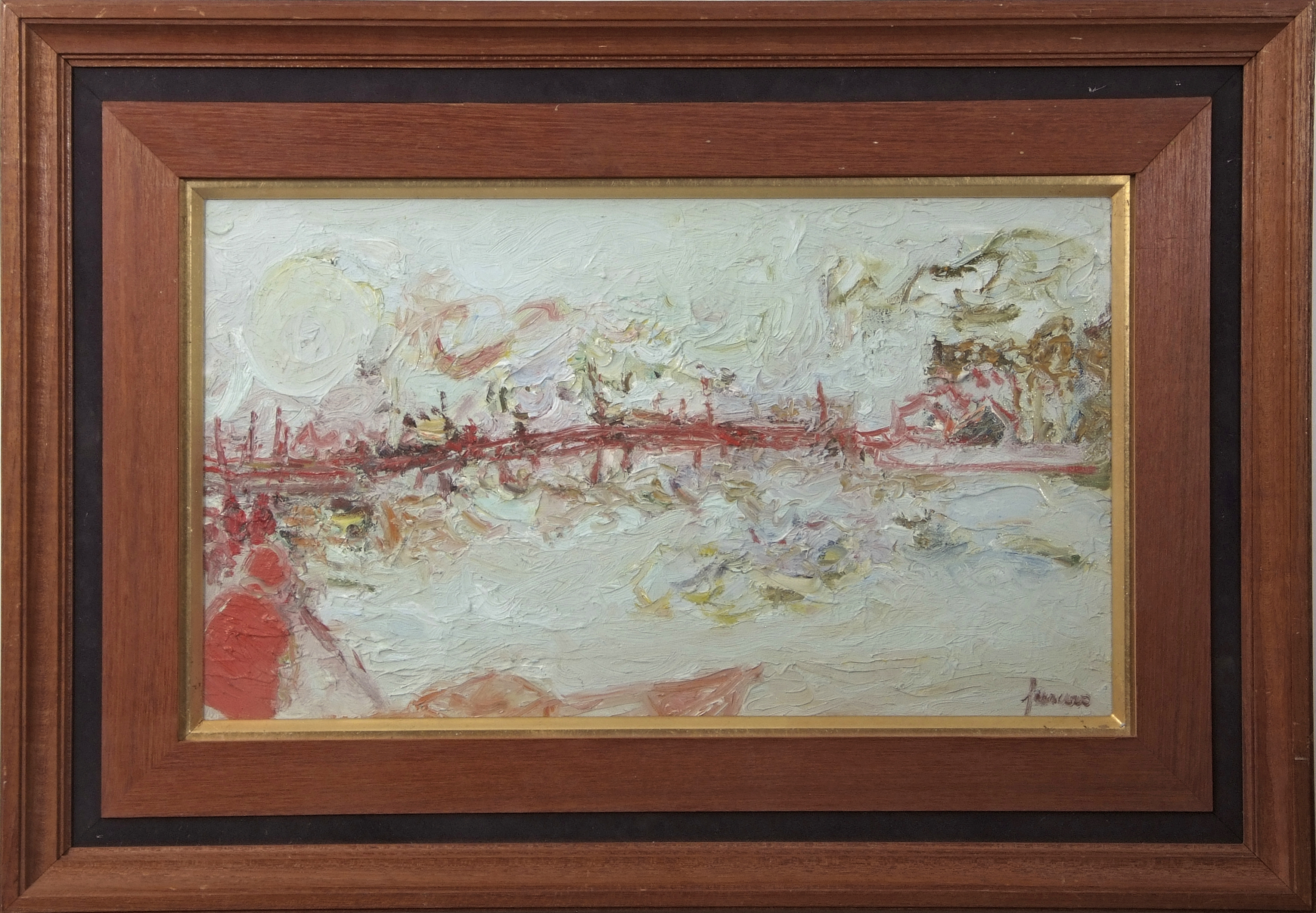 •AR Jean Fusaro (born 1925), "Le Pont Rouge 1970", oil on canvas, signed lower right, 27 x 46cm.
