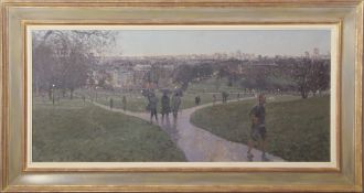 •AR Peter Brown, NEAC (born 1967), "End of the day, Primrose Hill", oil on canvas, 51 x 114cm.