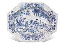 18th century English Delft octagonal dish decorated with a chinoiserie design within a border of