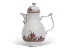 Meissen coffee pot and cover with Tau handle circa 1740, painted with Kauffahrtei scenes with a