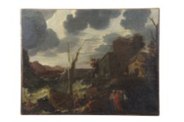 Attributed to Antonio Stom (c1687-1700), Stormy rocky cove with boats and figures by a building, oil