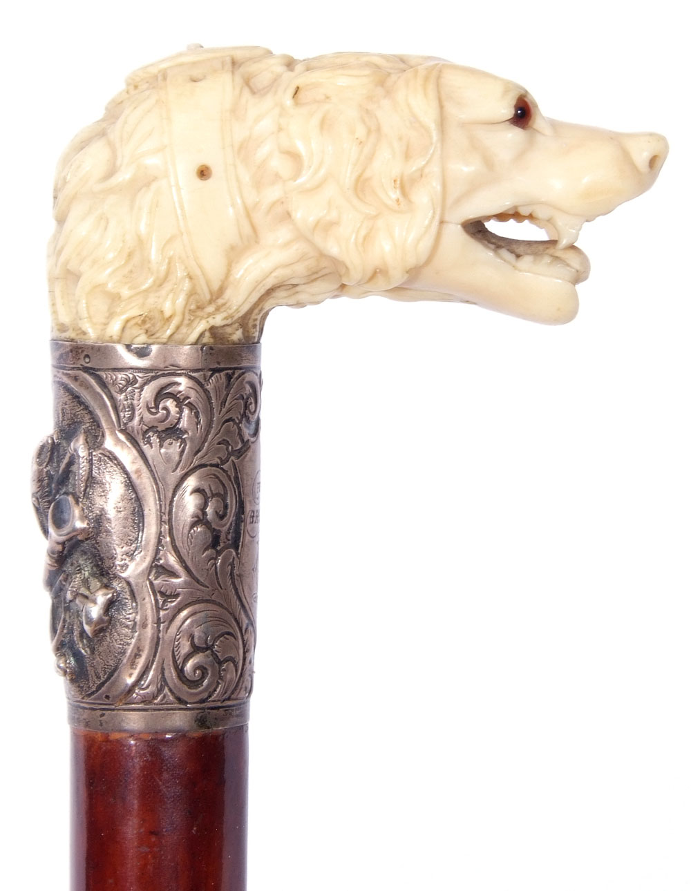 19th century hunting cane, the ivory handle carved in the form of a hound with glass or - Image 5 of 8