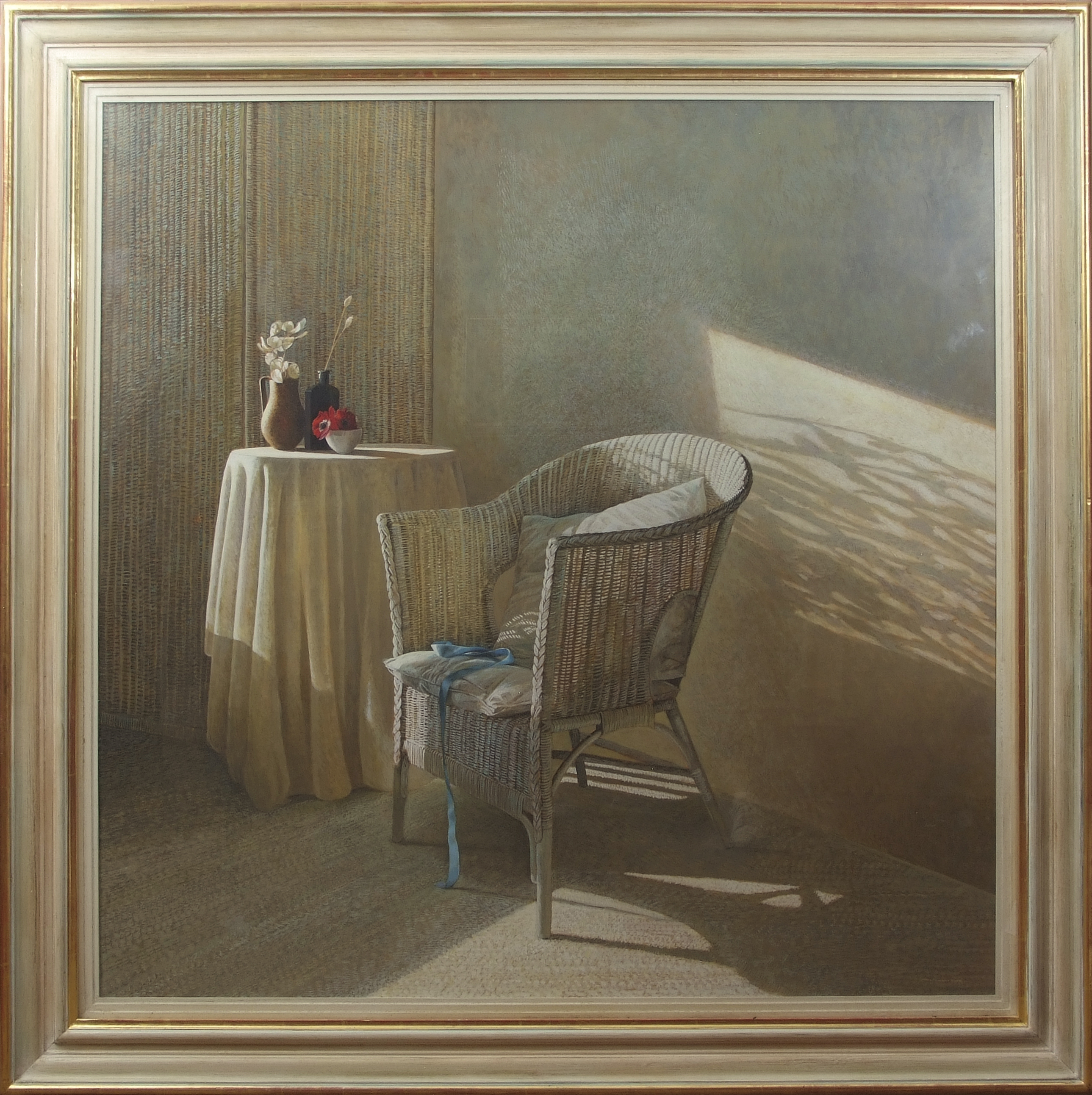 •AR Colin Fraser (born 1956), Still Life study of a wicker chair by a table, egg tempora, signed and