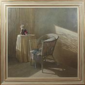 •AR Colin Fraser (born 1956), Still Life study of a wicker chair by a table, egg tempora, signed and