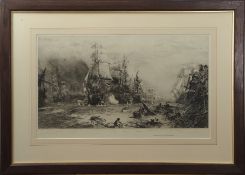 After William Lionel Wyllie, "Trafalgar 21 October 1805", black and white etching, published by