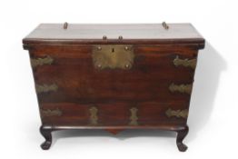 19th century mahogany coffer of tapering rectangular form, brass studded top and front, applied on