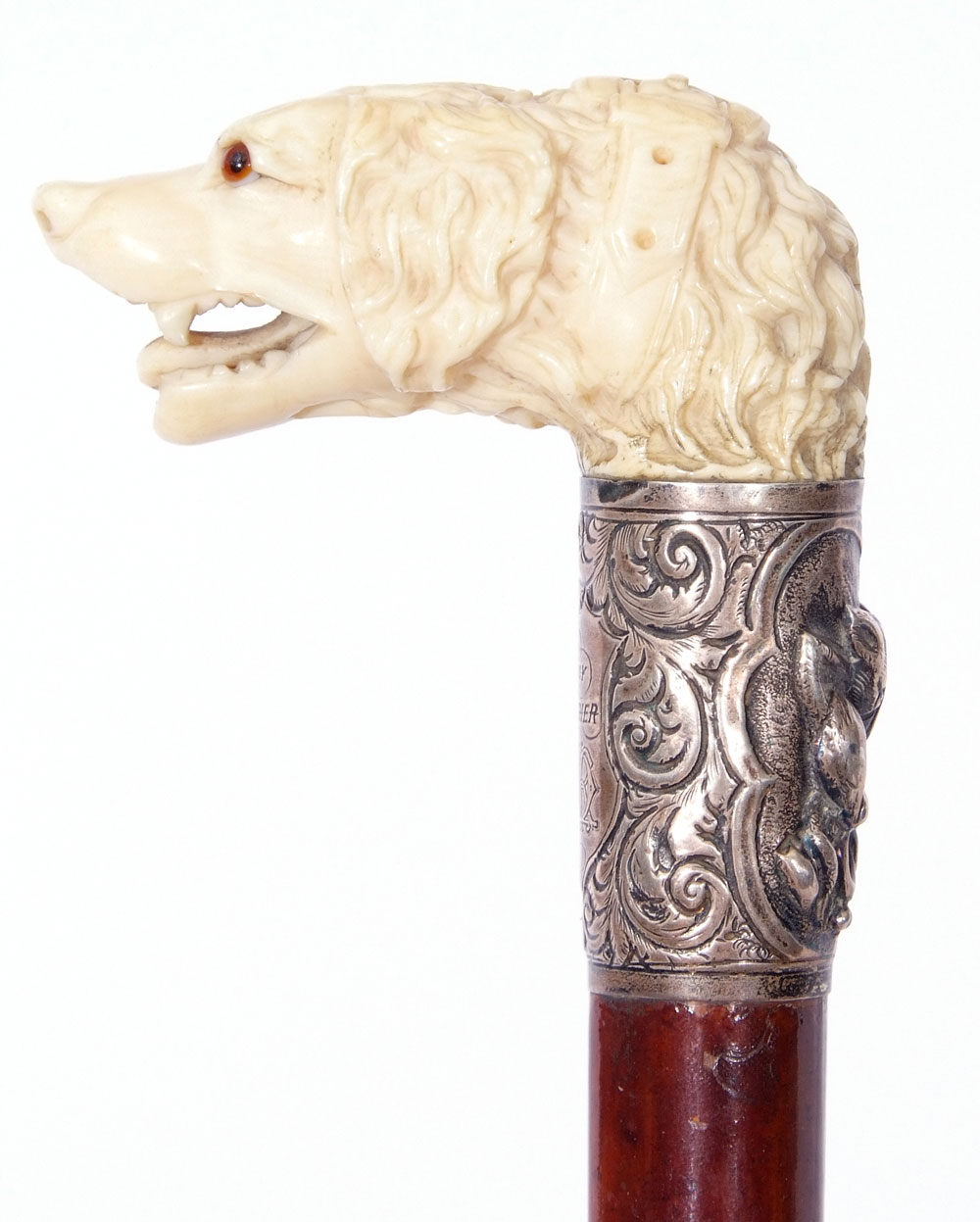 19th century hunting cane, the ivory handle carved in the form of a hound with glass or - Image 7 of 8