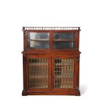 19th century mahogany bookcase cabinet, the top with galleried surround over two glazed doors