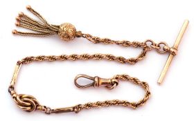 Victorian 9ct gold Albert watch chain, rope twist design, suspending a tassel, T-bar and a dog clip,