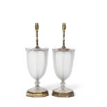 Pair of decorative frosted glass and brass mounted table lamps of tapering octagonal form, 20th
