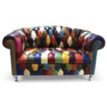 21st century designer Chesterfield arch back sofa, upholstered in multi-coloured leather harlequin