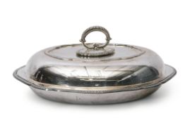 George V entree dish and lid of shaped oval design with gadrooned edges, detachable handle,