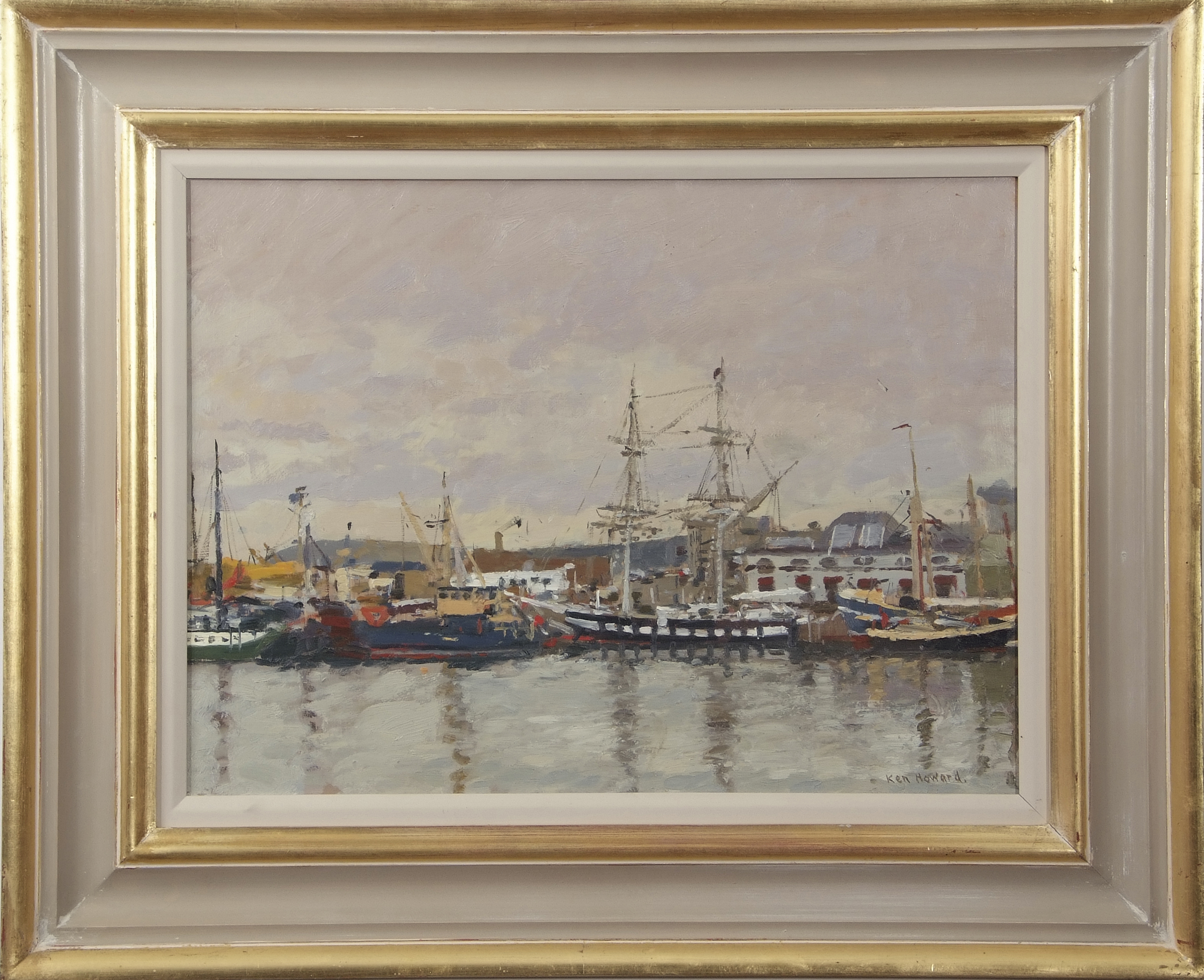 •AR Ken Howard, RA (born 1932), "Tall ships in Penzance harbour", oil on board, signed lower