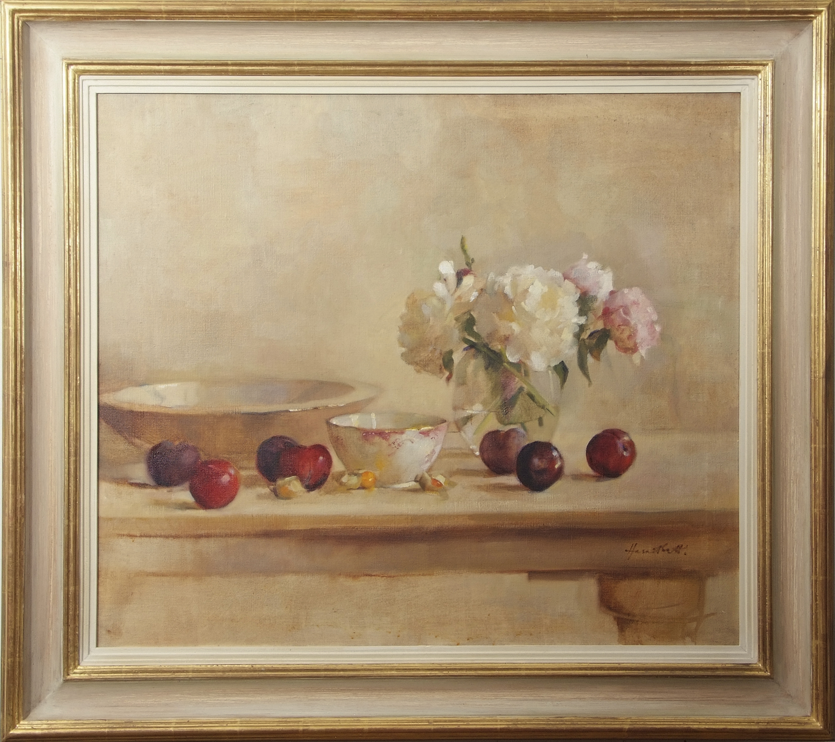 •AR Harriet Salt (born 1975), "Peonies and Plums", oil on canvas, signed lower right, 64 x 74cm.
