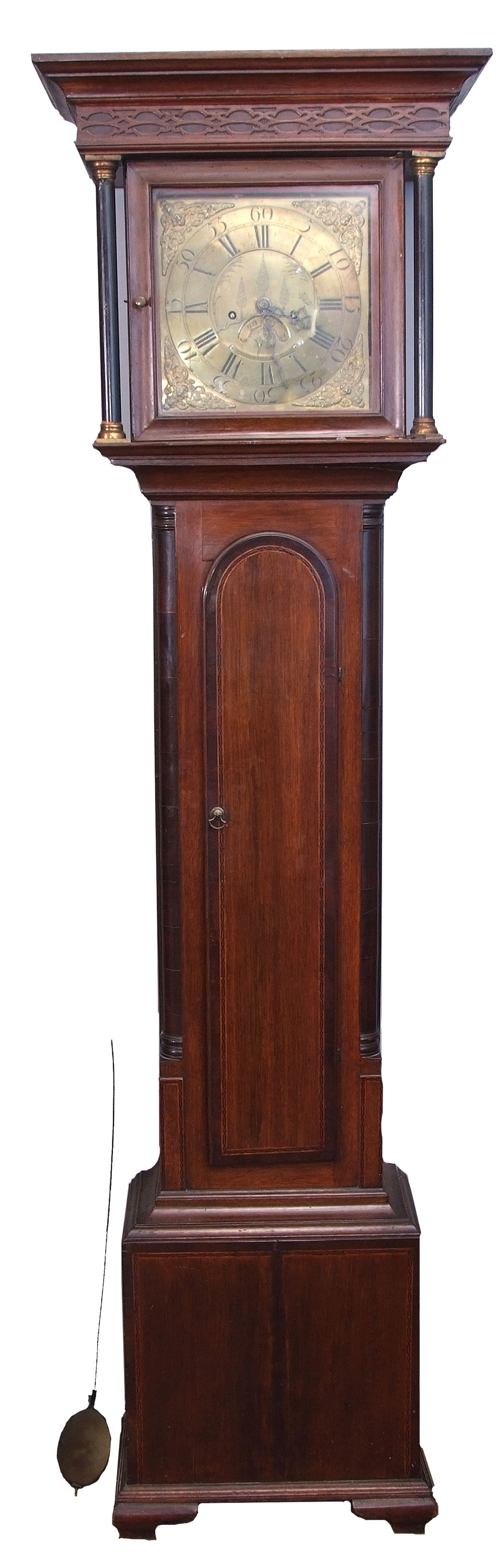 Early 19th century mahogany longcase clock with ogee top over a blind fretwork panel, square brass