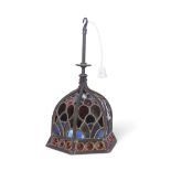 Arts & Crafts style unusual coloured leaded glass mounted hanging light of conical form, multi-