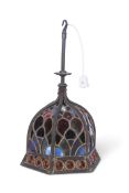 Arts & Crafts style unusual coloured leaded glass mounted hanging light of conical form, multi-