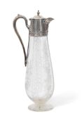 Victorian engraved glass claret jug, hallmarked silver mount, the glass engraved with a floral and
