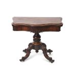 19th century rosewood fold-over card table with fitted aubergine baize interior on a turned urn