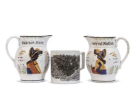 Two early 19th century Pratt ware jugs, both decorated in relief with busts of Admiral Nelson and