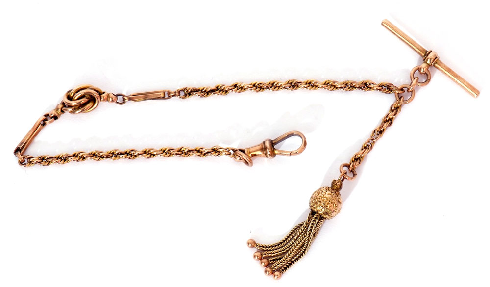 Victorian 9ct gold Albert watch chain, rope twist design, suspending a tassel, T-bar and a dog clip, - Image 3 of 3