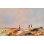 Kenneth Tidd (contemporary), "Bait Diggers, Stiffkey Marshes", watercolour, signed lower left, 33