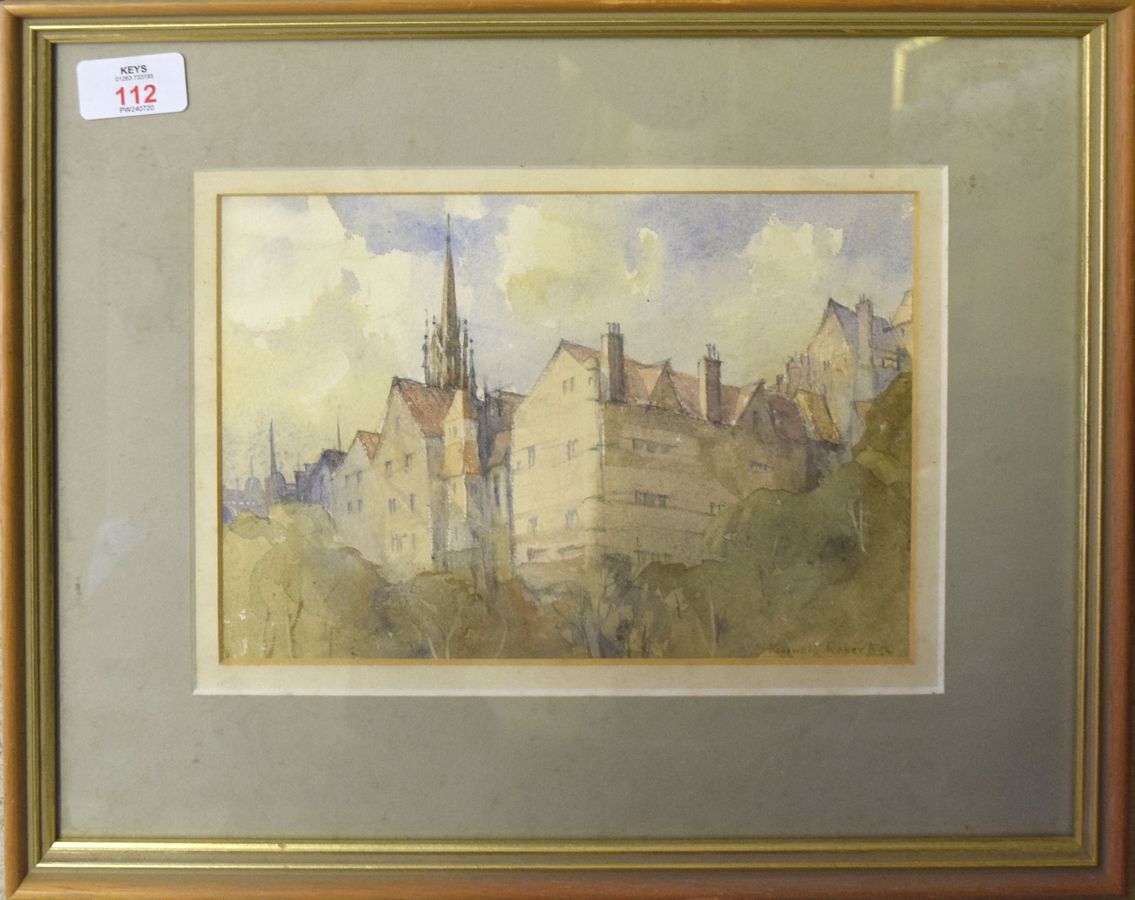 Kenneth Robertson (20th century), "Ramsay Gardens, Edinburgh", watercolour, signed lower right, 16 x